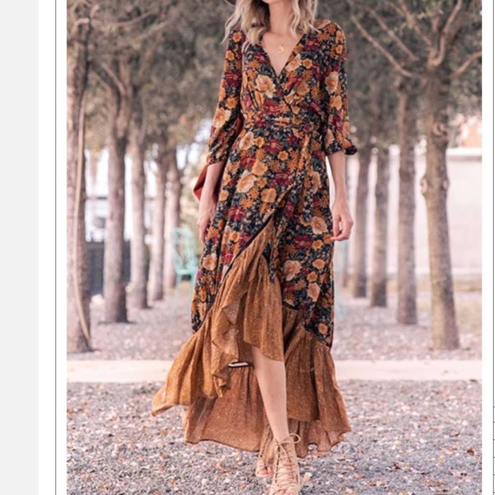 Orange Ruffle hem floral boho gypsy maxi Dress - Picture 7 of 11